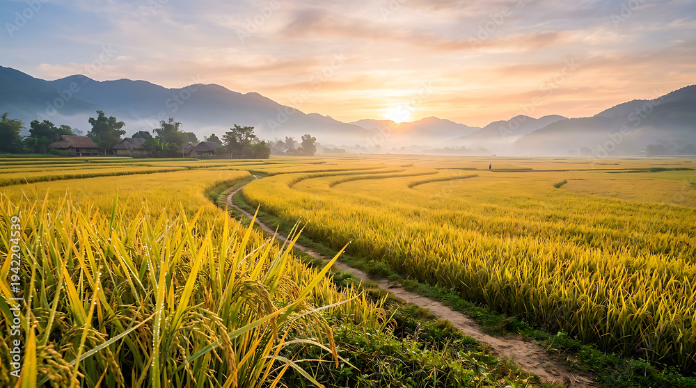 Fototapeta premium Beautiful Golden Rice Terraces at Sunrise with Morning Mist and Mountains