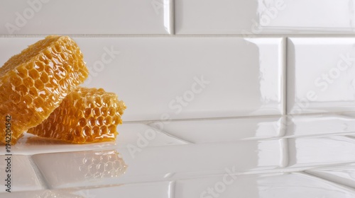 Honeycomb fragment resting on a glossy surface