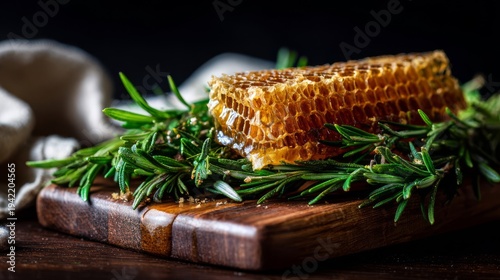 Honeycomb Resting on Fresh Rosemary Sprigs on a Wooden Board