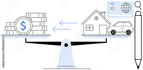 Scales weighing money and assets, including house and car, with arrows indicating choices and evaluation. Ideal for investment, finance, budgeting, valuation, decision-making economy wealth. Simple