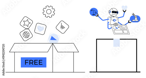 Artificial intelligence, digital tools, automation, future technology, productivity, user-friendly innovation. A robot multitasking on tools and a free box of icons. Artificial intelligence
