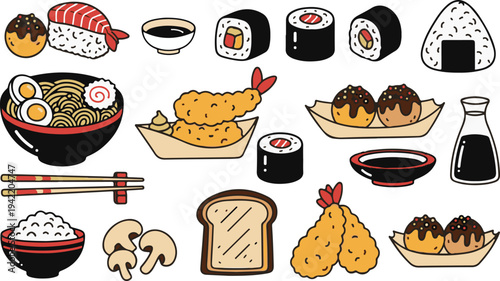 Asian Japanese Food Cuisine Icons Illustration Set, Doodle Cartoon Collection