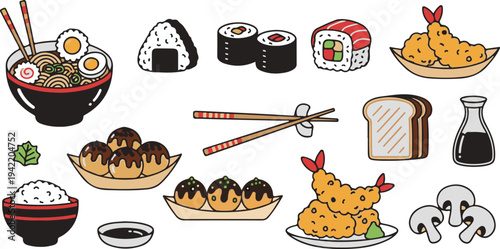 Asian Japanese Food Cuisine Icons Illustration Set, Doodle Cartoon Collection