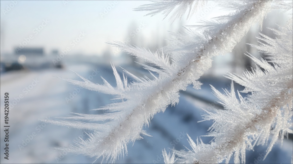 Obraz premium Intricate delicate white frost patterns forming on a frozen branch in a cold winter landscape