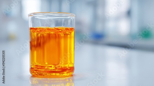 Golden liquid honey filling a laboratory glass container