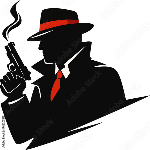 Vintage Noir Gangster Silhouette with Fedora Hat and Smoking Gun Vector Illustration