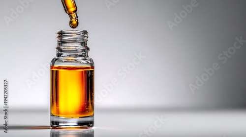 Golden viscous liquid filling glass bottle via dropper