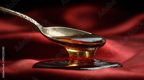 Liquid Honey Dripping From Ornate Metal Spoon on Red Fabric