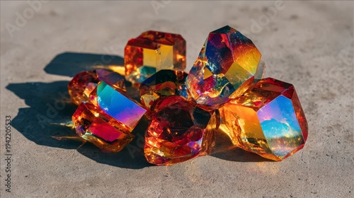 Vibrant Iridescent Glass Crystals Scattered on a Textured Surface