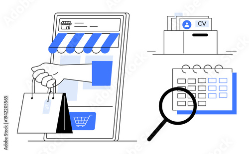 E-commerce concept. E-commerce tools including online shopping, job recruitment platforms, and task scheduling displayed digitally. E-commerce for business operations, human resources, retail
