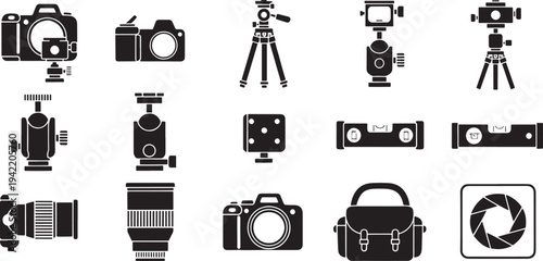 Black and white of cameras, lenses, tripods, and accessories DSLR