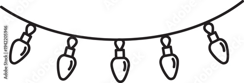 Black and white of six hanging light bulbs on a string