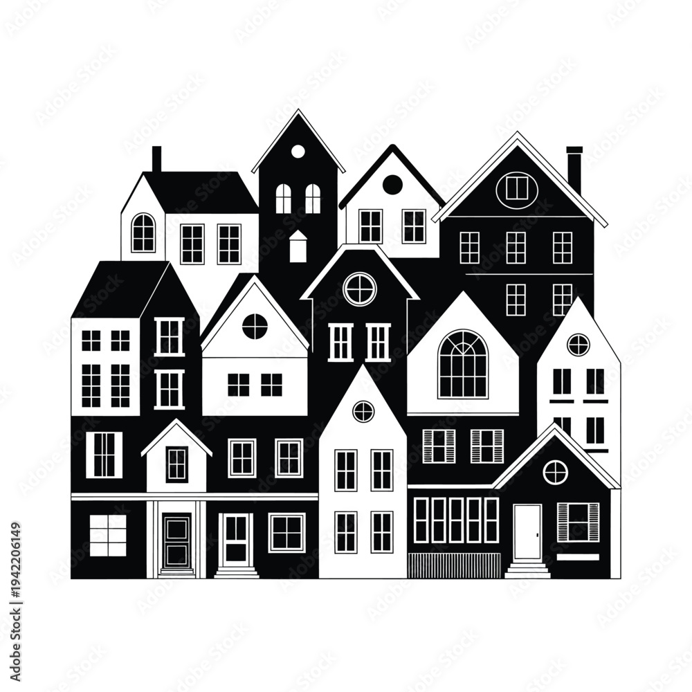 Naklejka premium Stylized black and white illustration of a clustered townscape with varied houses