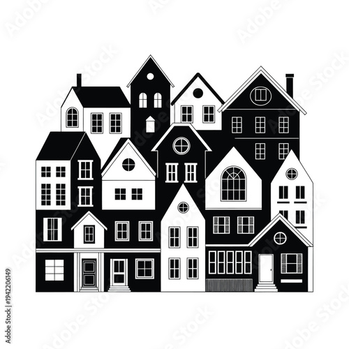 Stylized black and white illustration of a clustered townscape with varied houses