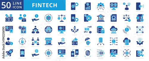 fintech icon pack contains financial, technology, high speed network, fraud detection, online payment, mobile banking, digital identity, ai