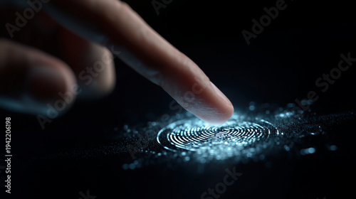 A finger hovering over biometric scans, futuristic technology, soft dark background, macro shot