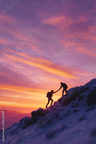 Wallpaper Mural Explore adventure outdoor in National Park. Two people climbing up a snowy mountain at sunset, their silhouettes illuminated by the warm hues of the setting sun. Torontodigital.ca