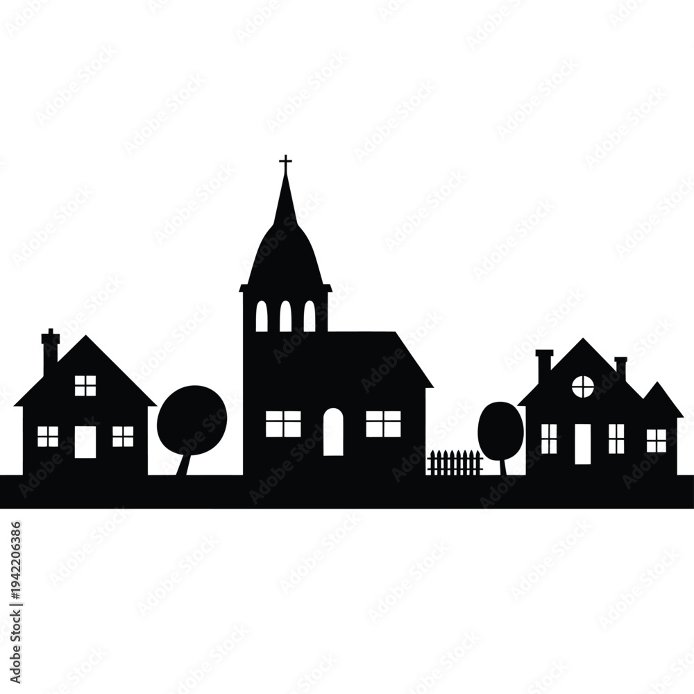 Fototapeta premium Silhouette of a small town featuring a church and surrounding houses