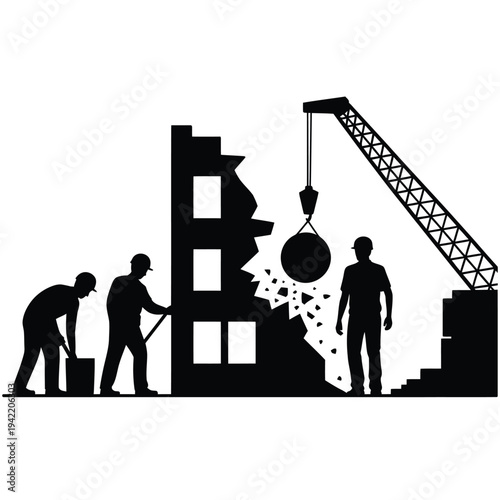 Demolition scene workers with crane dismantling a building structure