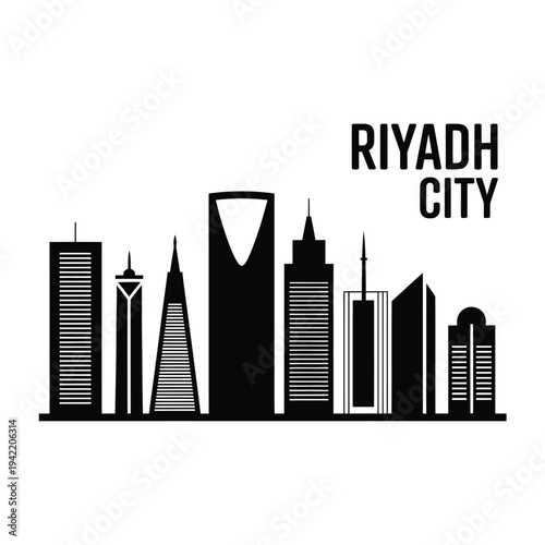 Riyadh city skyline illustration with prominent buildings and text overlay