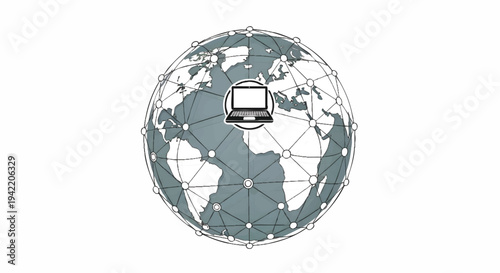Global network and computer on world map