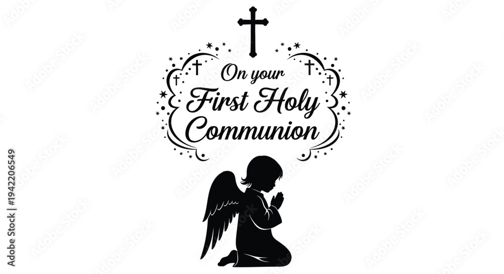 Naklejka premium A silhouette of a child with angel wings kneels in prayer for their First Holy Communion.