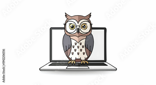 Owl wearing glasses on laptop computer cartoon character