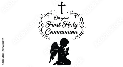 A silhouette of a child with angel wings kneels in prayer for their First Holy Communion.