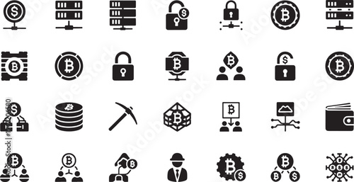Collection of black and white related to cryptocurrency and blockchain technology bitcoin digital currency