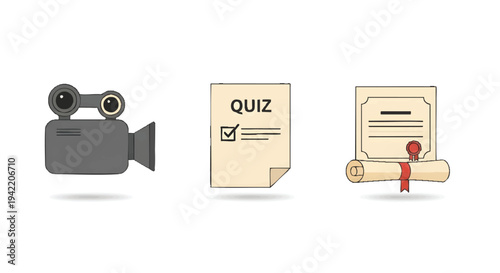 Education, learning, and assessment icons set with video camera, quiz sheet, and diploma