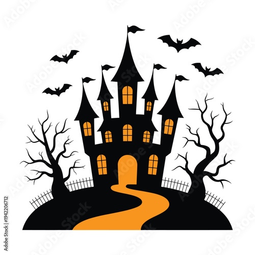 A spooky halloween castle illustration with bats and a winding path