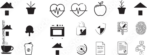 Set of vector icons including business, medical, and social symbols for web design featuring a black button, heart health sign, and music pictogram illustration