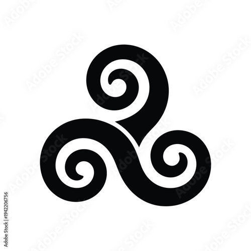 A black triskelion symbol with three swirling arms on white