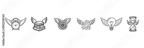 Innovation and Knowledge Winged Icons Collection with Alarm Clock, Book, Gear, Wheel, Light Bulb, and Hourglass