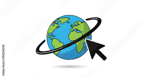 Earth globe with orbiting arrow cursor on white background