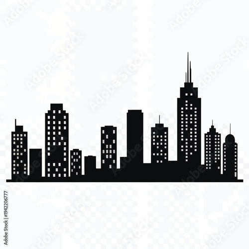 A striking black silhouette depicts a modern cityscape against a white backdrop