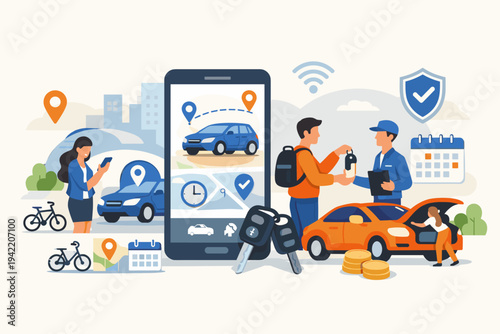 Car sharing and rental service concept with mobile app for booking. People renting vehicles, picking up keys, and using GPS navigation. Flat vector illustration for transportation and travel.