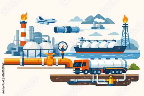 Natural gas and oil industry infrastructure with refinery, storage tanks, pipelines, tanker truck, LNG ship, and airplane for energy transportation, delivery, and global supply chain logistics.