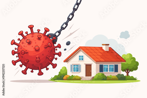 COVID-19 Coronavirus Wrecking Ball Crashing into a House Representing the Impact of the Pandemic on the Real Estate Market, Property Values, Housing Crisis, and Global Economic Downturn Concept.