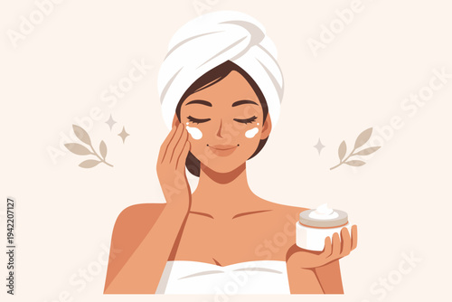 Beautiful young woman with a white towel on her head applying moisturizing face cream, daily skincare routine and beauty treatment concept, simple flat vector illustration for spa and wellness