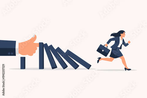 Vector illustration of a businessman's hand pushing dominoes causing a chain reaction while a businesswoman in a suit runs away from the falling blocks, symbolizing business risk and crisis.