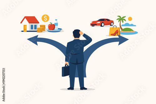 Businessman standing at a crossroads making a difficult choice between essential needs like housing and food versus luxury wants like a sports car and vacation, financial planning concept vector