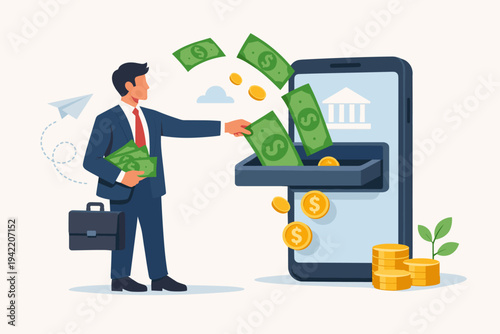 Businessman Making Money Deposit via Mobile Banking App on Smartphone. Flat Vector Illustration of Digital Finance, Online Investment, Wealth Management, and Financial Technology Fintech Concept.