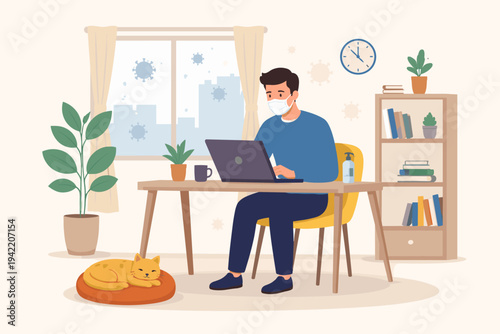 Businessman in face mask working on laptop at home office during coronavirus pandemic. Flat vector illustration of remote work, quarantine lifestyle, social distancing, and safety measures.