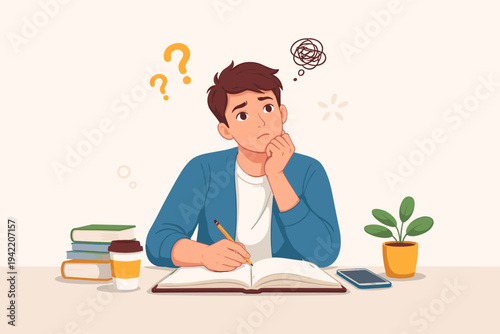 Confused young man student thinking deeply while studying at a desk with books, coffee, and a smartphone. Flat vector illustration of a male character feeling puzzled, stressed, and overwhelmed.