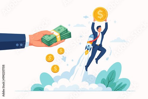 Businessman flying with a rocket jetpack holding a gold coin while receiving financial assistance from a giant hand offering cash, concept of startup funding, investment, and business growth.