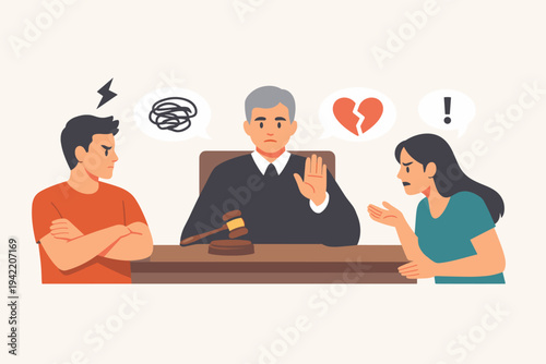 Vector Illustration of a Couple in a Divorce Court Mediation with a Judge, Man and Woman Having Relationship Difficulties and Legal Conflict, Family Law, Separation, and Dispute Resolution Scene