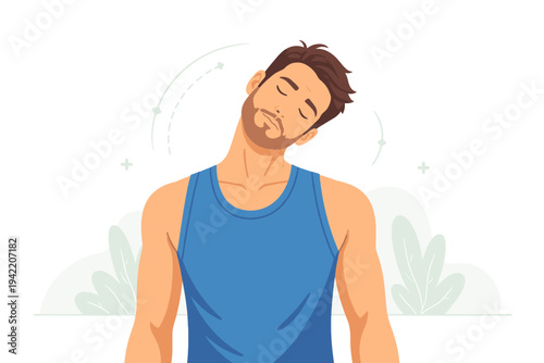 Flat vector illustration of a young man in athletic wear performing neck roll exercises to stretch muscles before training. Concept of health, fitness, warm-up routine, and physical wellness.