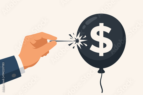 Hand with Needle Piercing a Black Balloon with Dollar Sign, Representing Economic Bubble Bursting, Financial Crisis, Market Crash, Inflation, Deflation, and Investment Risk Flat Vector Design
