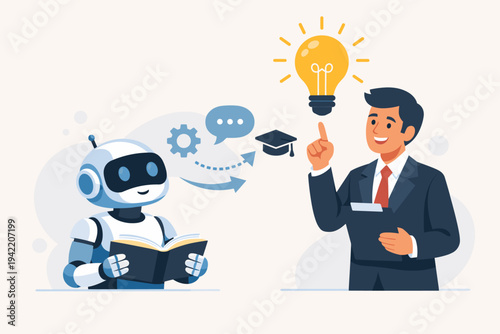 Flat vector illustration of a robot reading a book while a businessman has a bright idea light bulb, depicting artificial intelligence learning, machine learning, and human-AI collaboration.